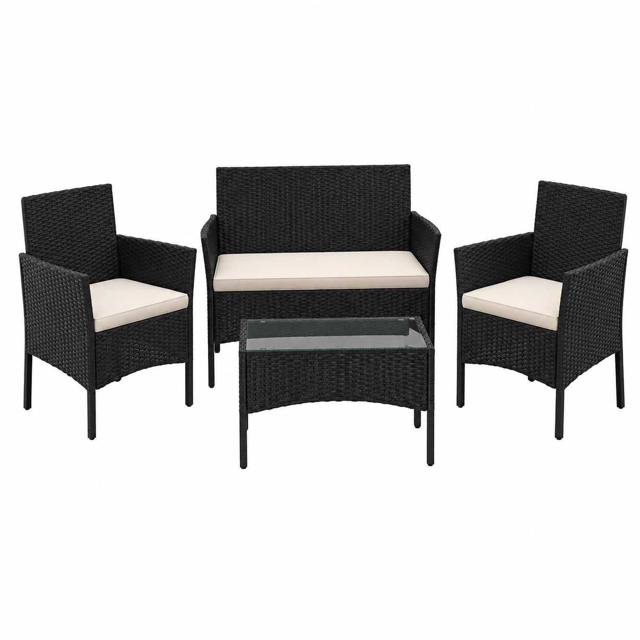 Yaheetech 4-tlg. Rattan Gartenmöbel Set, wetterfeste Lounge mit Tisch, Stühlen und Bank, inkl. Outdoor-Kissen, schwarz und beige