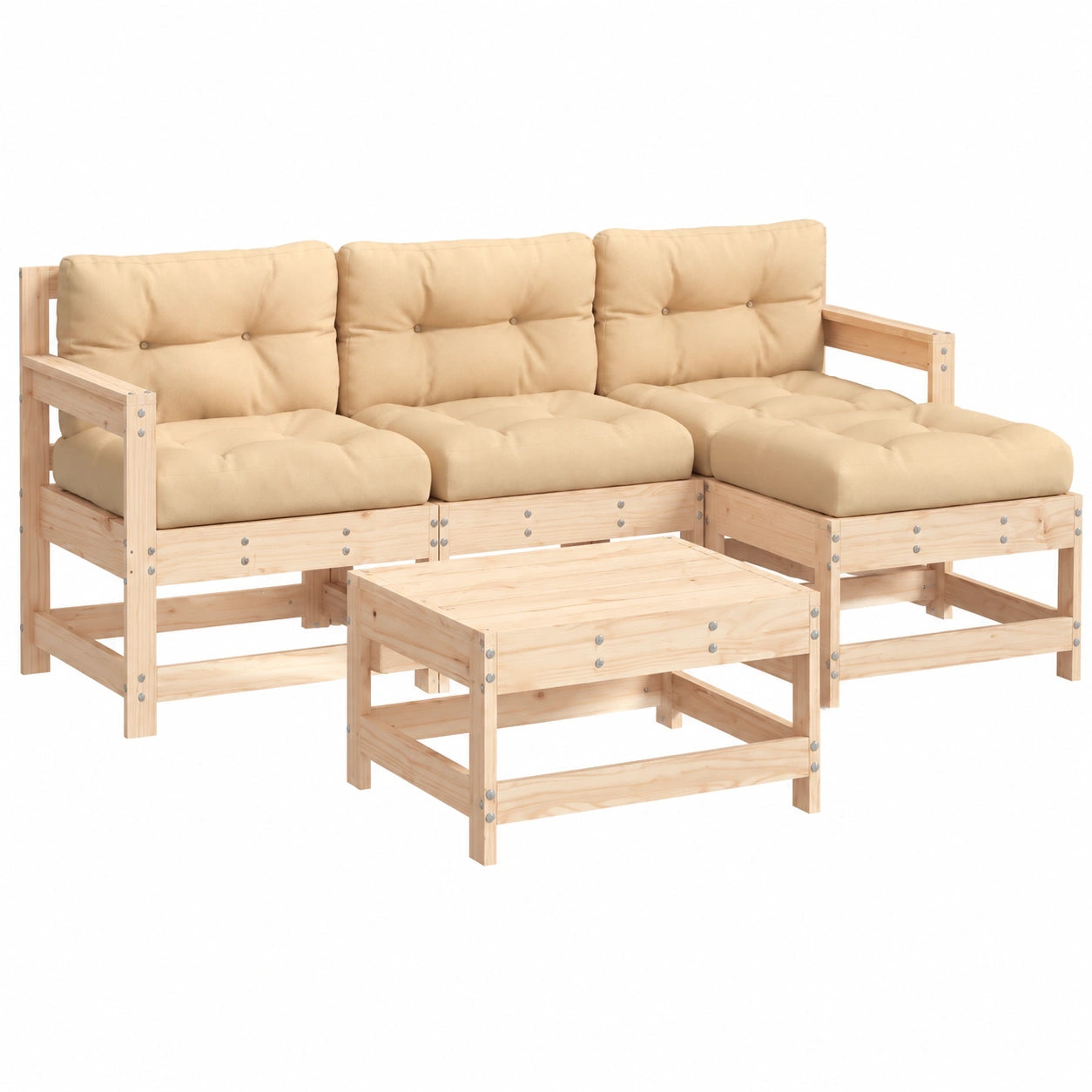 Modulares Garten-Lounge-Set aus Massivholz, 5-teilig mit Kissen