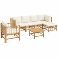 Bambus Garten Lounge Set 7-teilig mit weißen Kissen, Modular Sofa Garnitur für Terrasse
