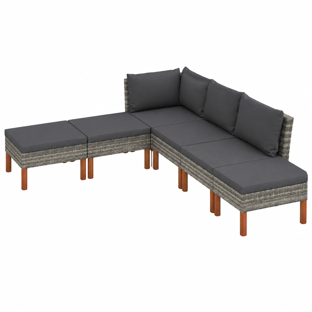 6-teilige Garten-Lounge-Set in Grau mit Kissen, wetterfeste Poly-Rattan und Eukalyptusholz-Terrassengarnitur