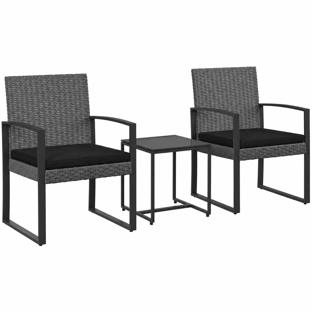 Moderne Essgruppe aus Rattan für Garten und Balkon, inklusive Kissen, Tisch und 2 Stühlen, Dunkelgrau