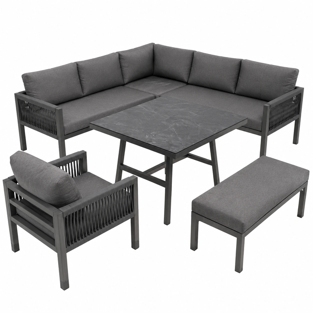 Merax Modulares Garten-Sofa-Set für 8 Personen – Stabiler Metallrahmen mit grauen Kissen, Inklusive Tisch mit Glas-Marmor-Optik und 2 Sesseln – Wetterfeste Outdoor-Garnitur für Terrasse und Balkon