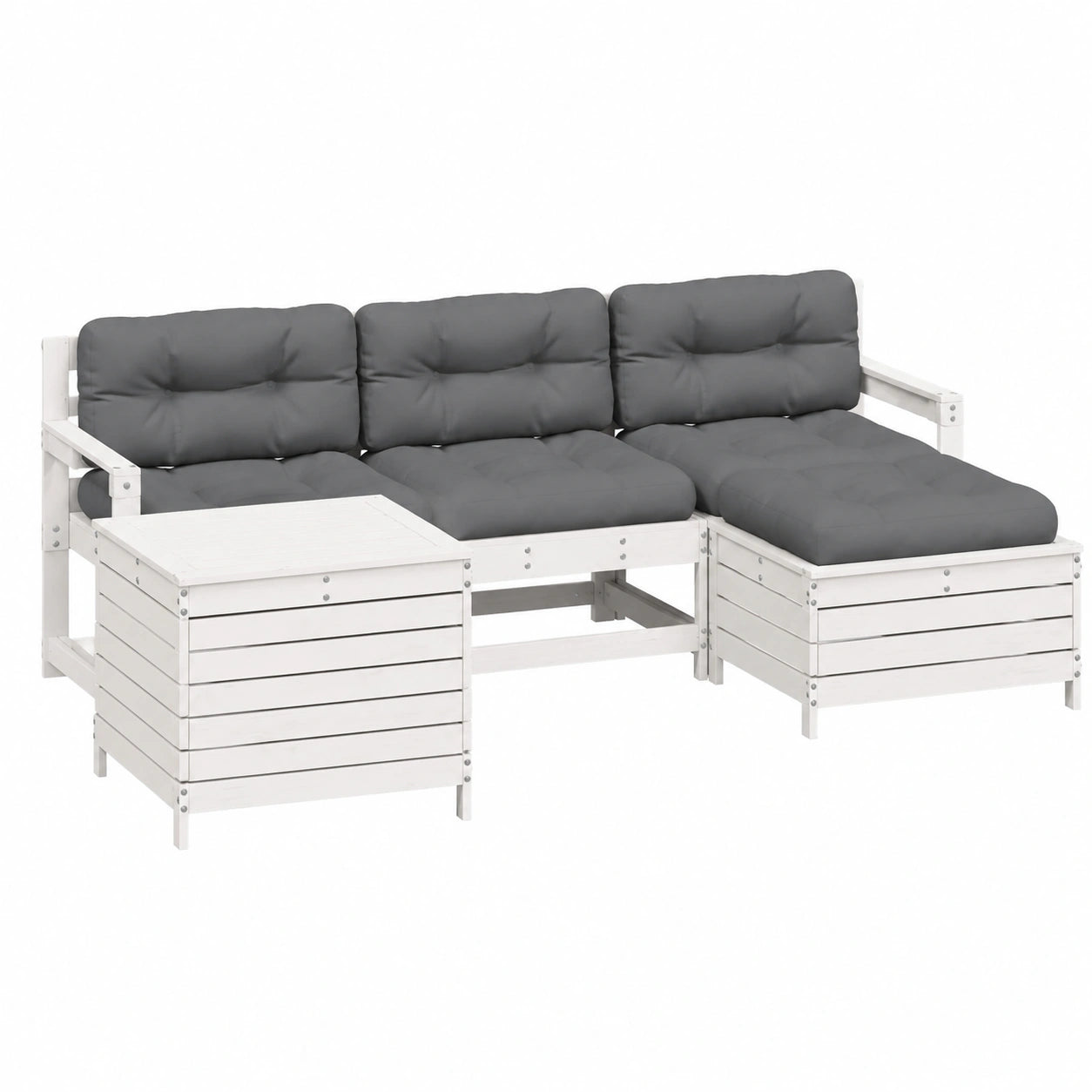 Modulare Gartenlounge aus Kiefernholz, 5-teiliges Set mit Tisch und Hockern, weiß