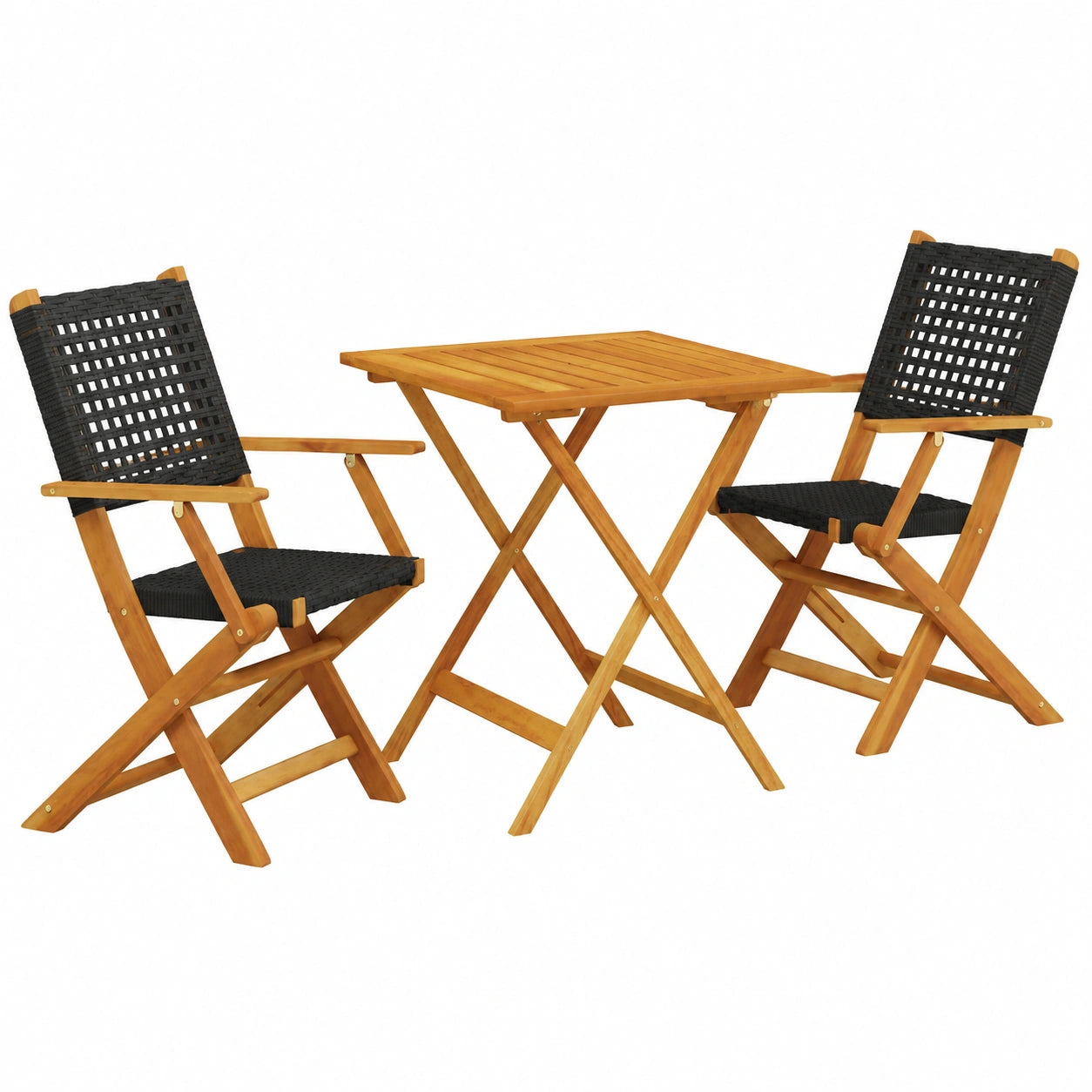 3-tlg. Bistro-Set aus Poly-Rattan und Massivholz, Klappbar für Balkon und Terrasse, Schwarz