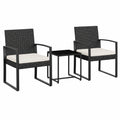 3-teiliges Gartenmöbel-Set mit Kissen und Tisch, schwarze Rattan-Essgruppe für Balkon und Terrasse