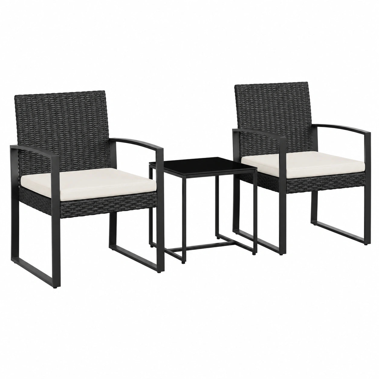 3-teiliges Gartenmöbel-Set mit Kissen und Tisch, schwarze Rattan-Essgruppe für Balkon und Terrasse