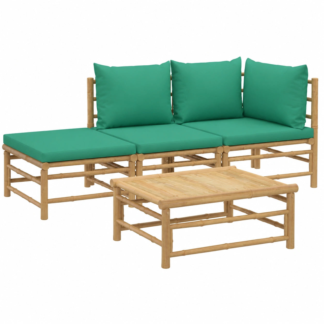 Modulares 4-teiliges Garten-Lounge-Set aus Bambus mit Grünen Kissen