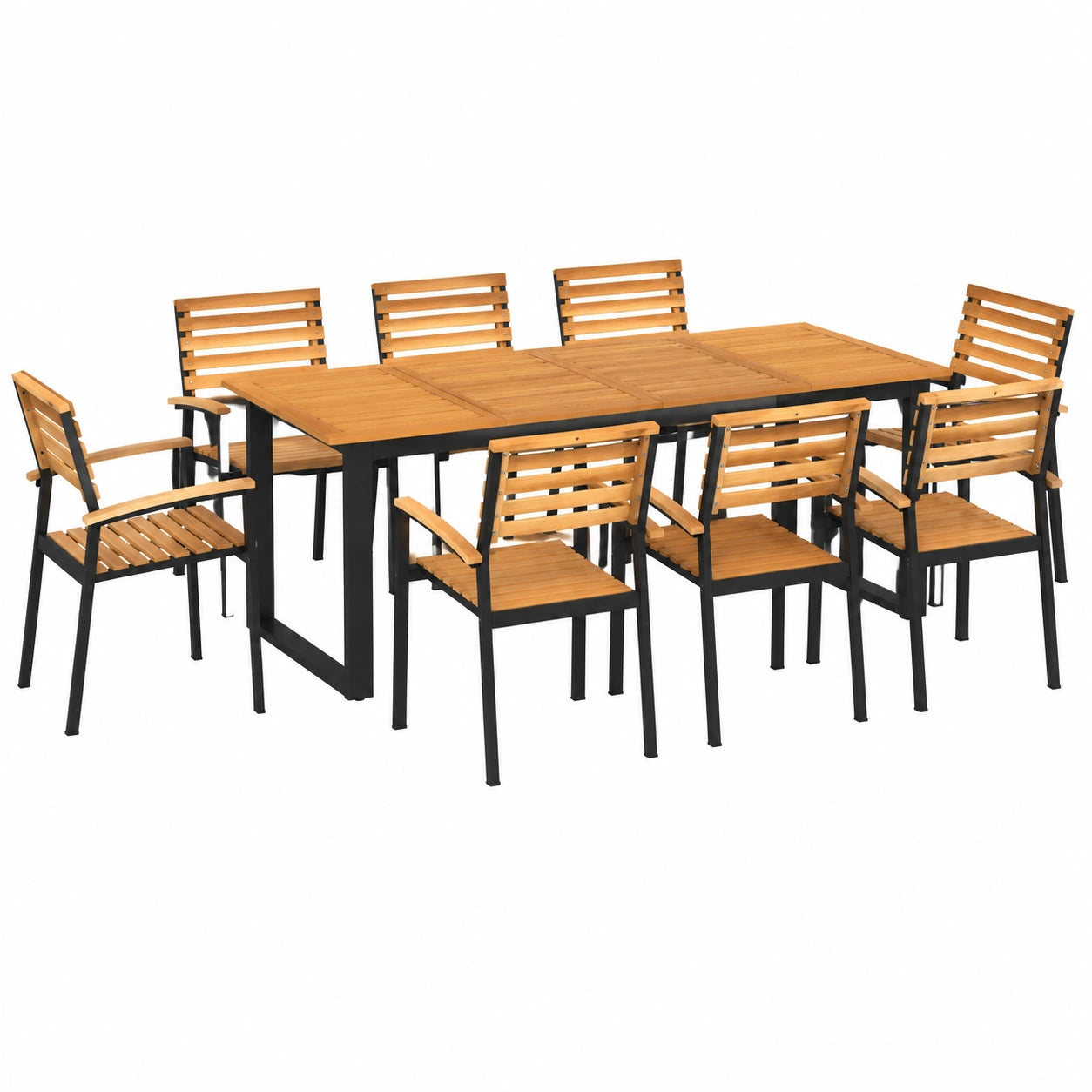 9-teilige Gartensitzgruppe aus Akazienholz und Metall, Tisch mit 8 Stühlen