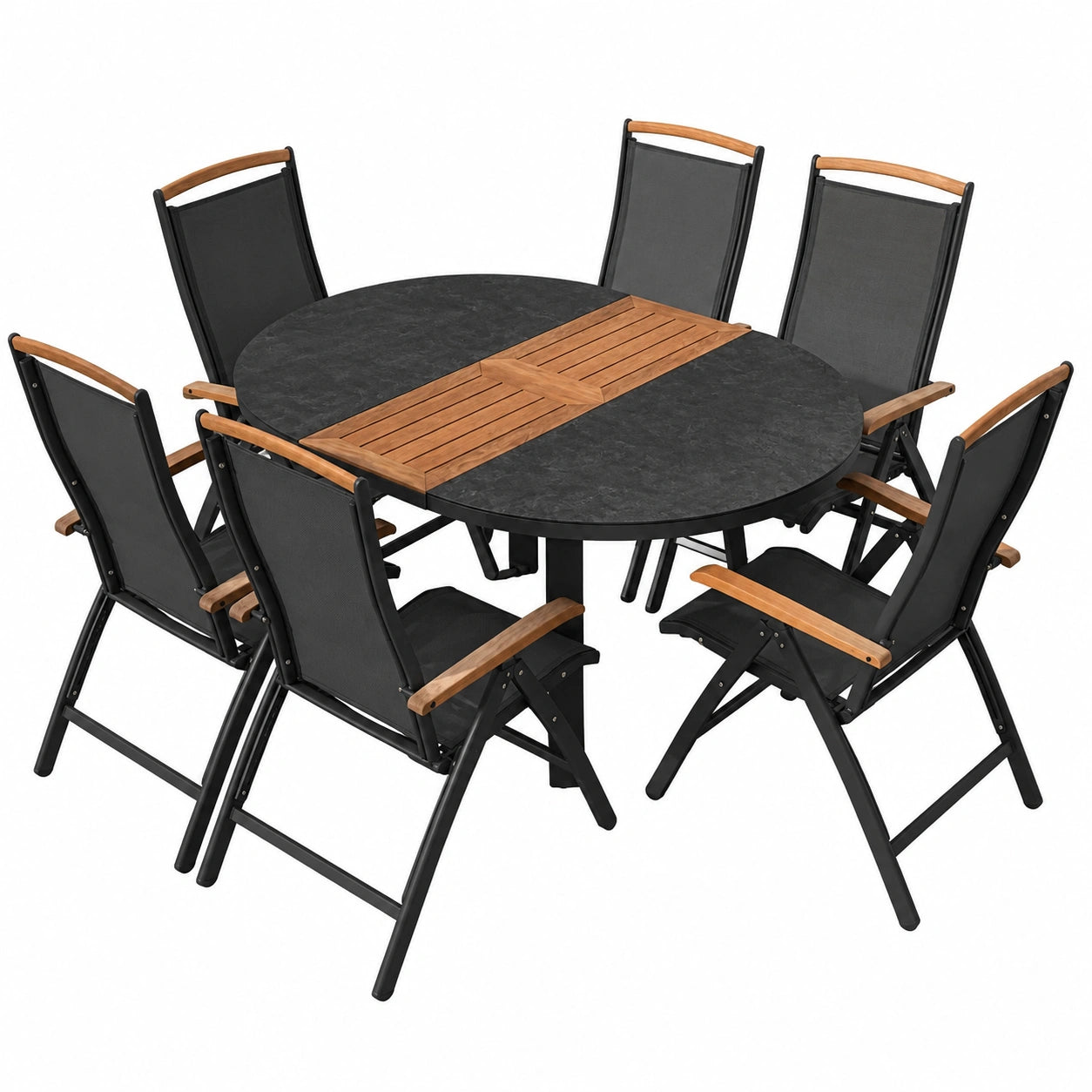 ALEOS. Gartenset Aluminium Teak mit ausziehbarem Rundtisch 120/160cm und 6 Hochlehnern in Anthrazit