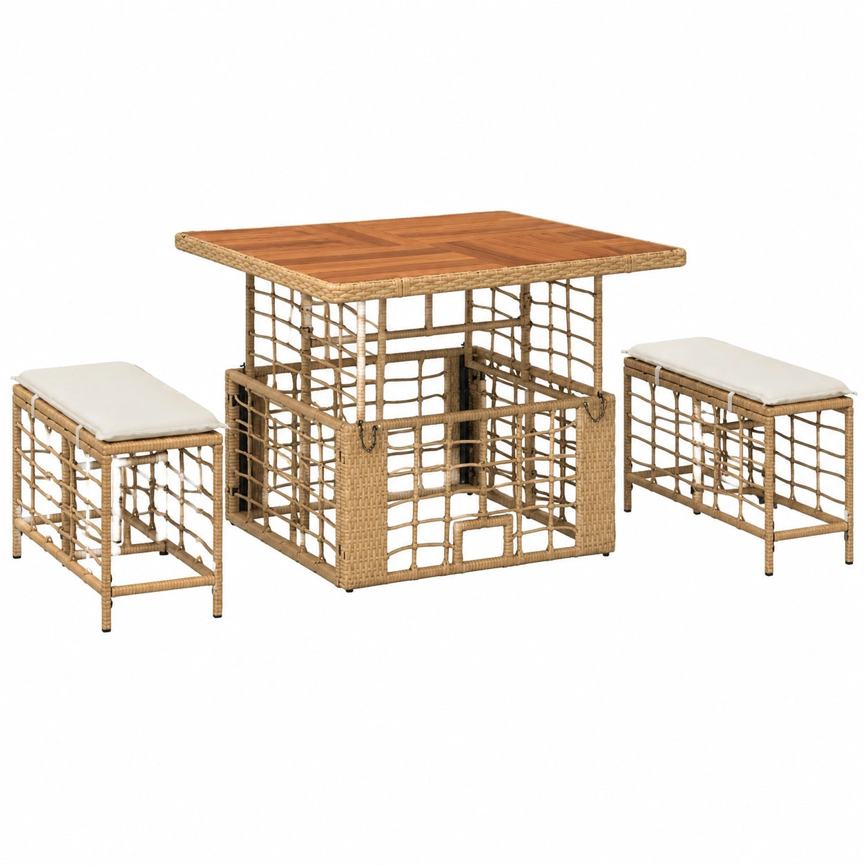 3-teilige Garten-Essgruppe aus Poly-Rattan mit Kissen, wetterfest und höhenverstellbar