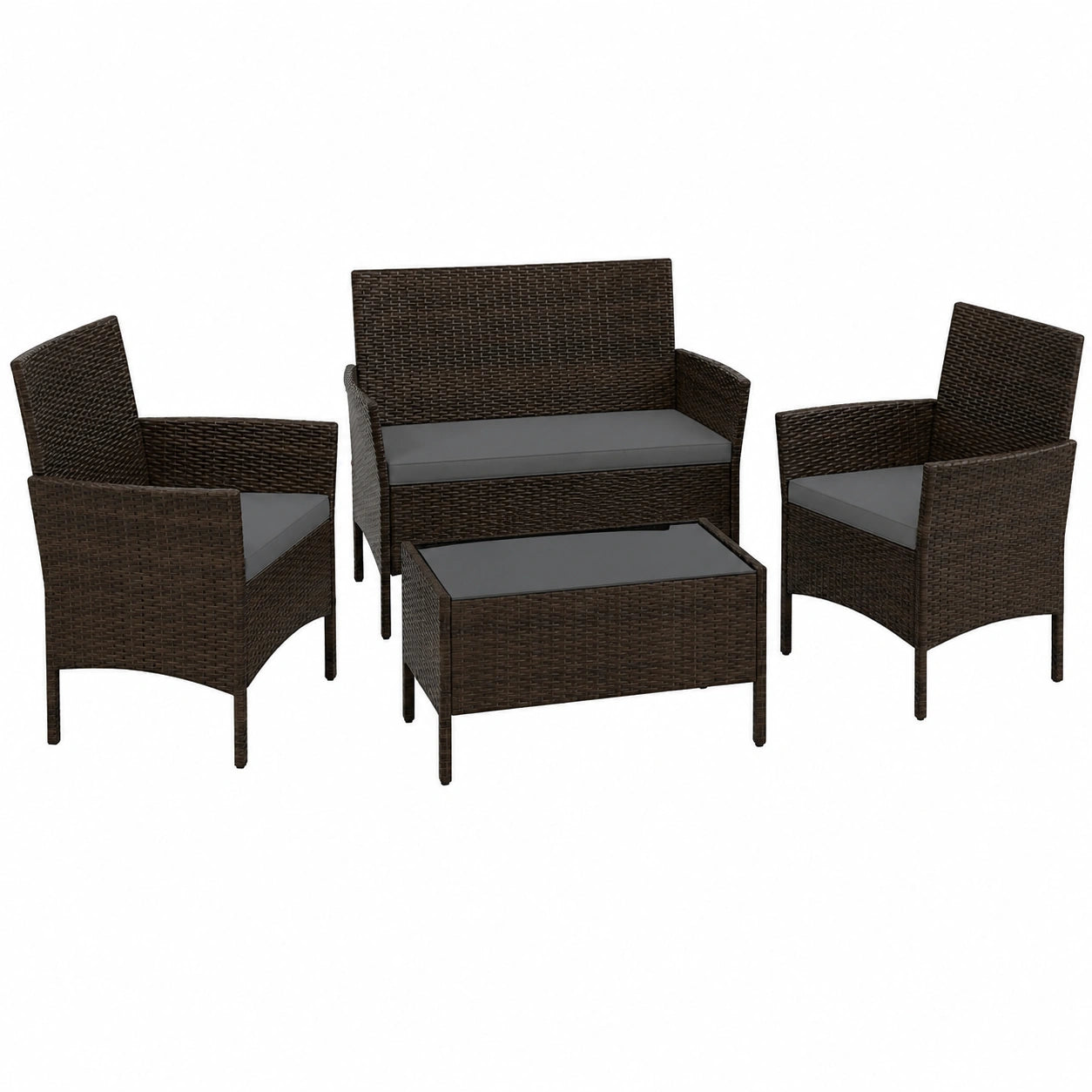 COSTWAY Rattan Sitzgruppe für Balkon und Terrasse, 2 Sessel, Bank, Tisch & Kissen, Gartenmöbel Set in Grau