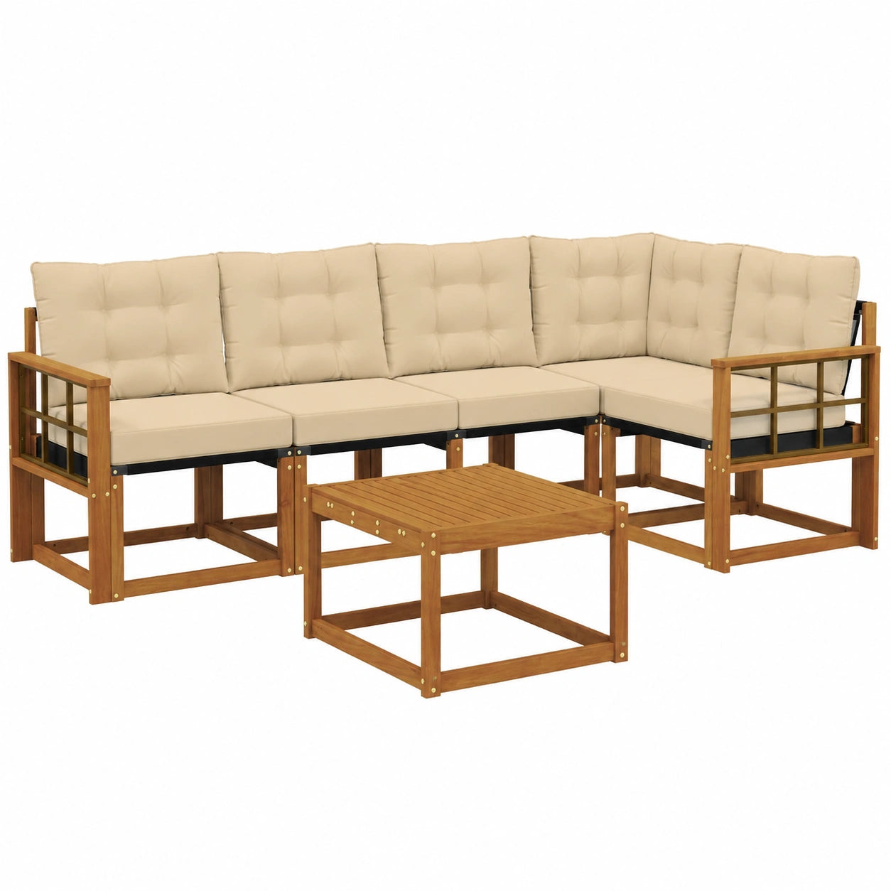 Garten-Sofagarnitur 6-teilig aus Akazienholz mit Kissen, Natürliche und Beige Farben, Wetterfestes Outdoor-Set für Terrasse
