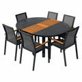 ALEOS. Gartenset Aluminium-Teak mit ausziehbarem Rundtisch 120-160cm und 6 stapelbaren Stühlen in Anthrazit, Modell Trinidad