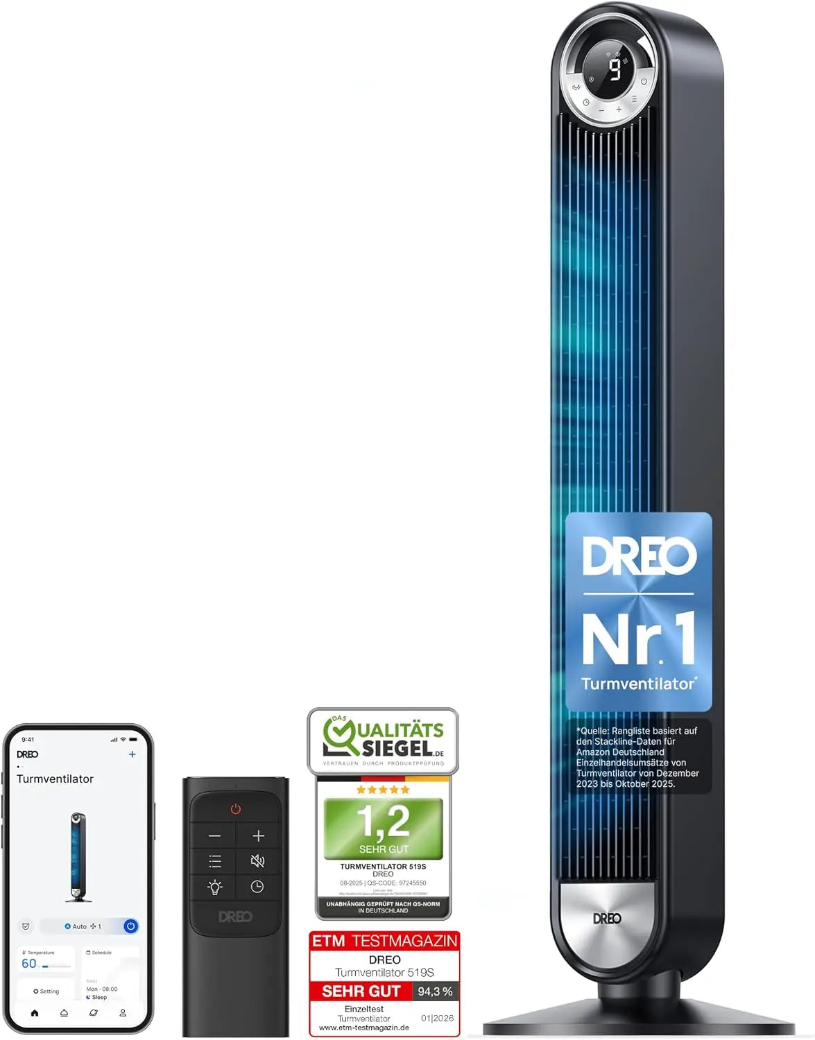 DREO Ventilator 25 dB 106cm mit Fernbedienung und Timer Schwarz