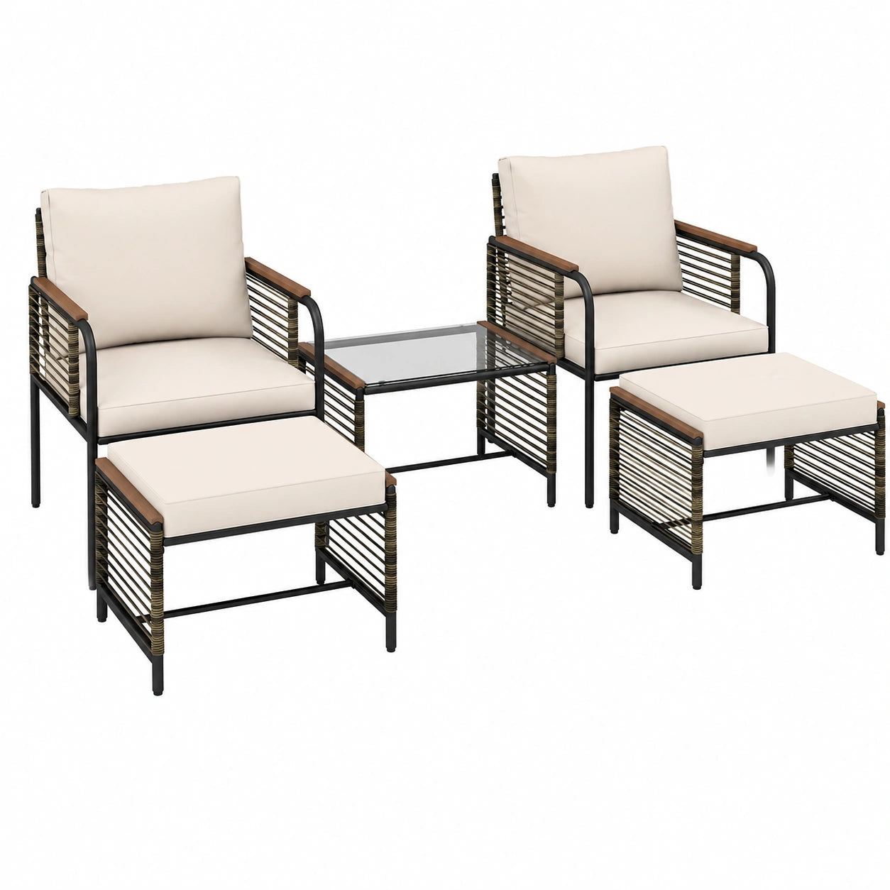 COSTWAY Rattan Balkonset inkl. Kissen, Tisch & Hocker, Garten Terrassenmöbel in Beige