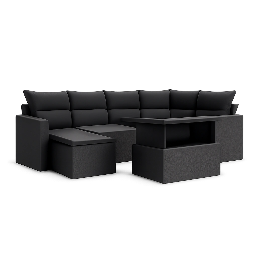 Gartenmöbel-Set 7-teilig Schwarz, Poly Rattan, Verstellbarer Tisch, Outdoor-Modul für Terrasse
