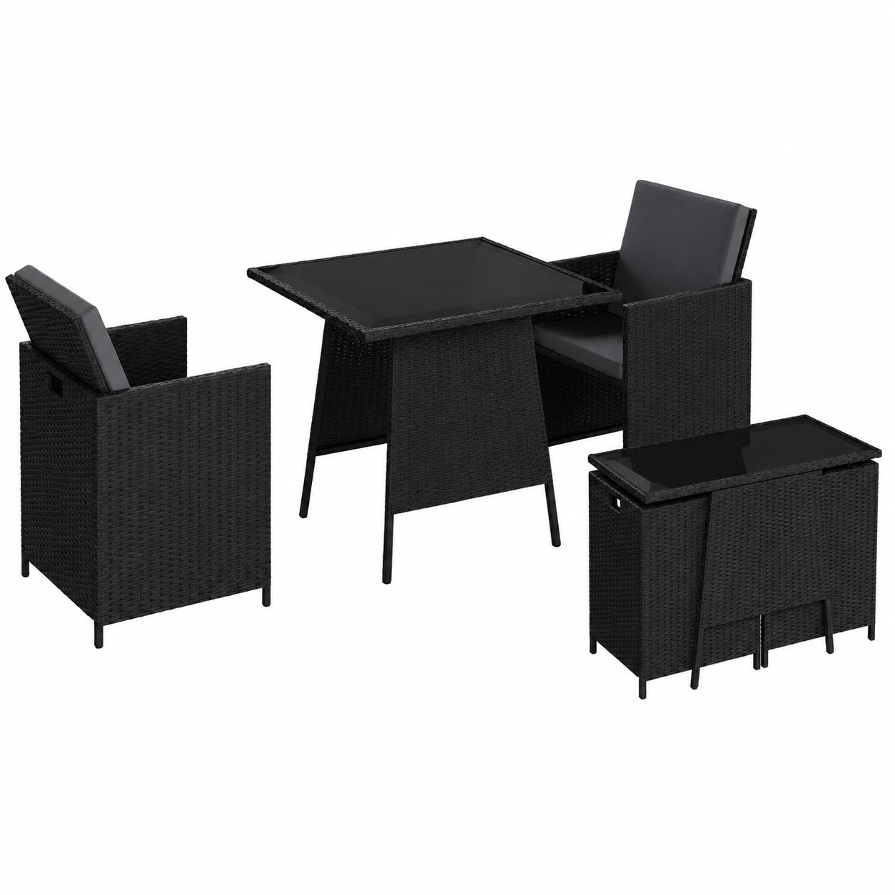 3-teilige Essgruppe Xenara in Schwarz/Anthrazit - Platzsparendes Balkonmöbelset mit klappbaren Stühlen und Tisch mit Glasplatte - Rattan-Sitzgruppe für 2 Personen