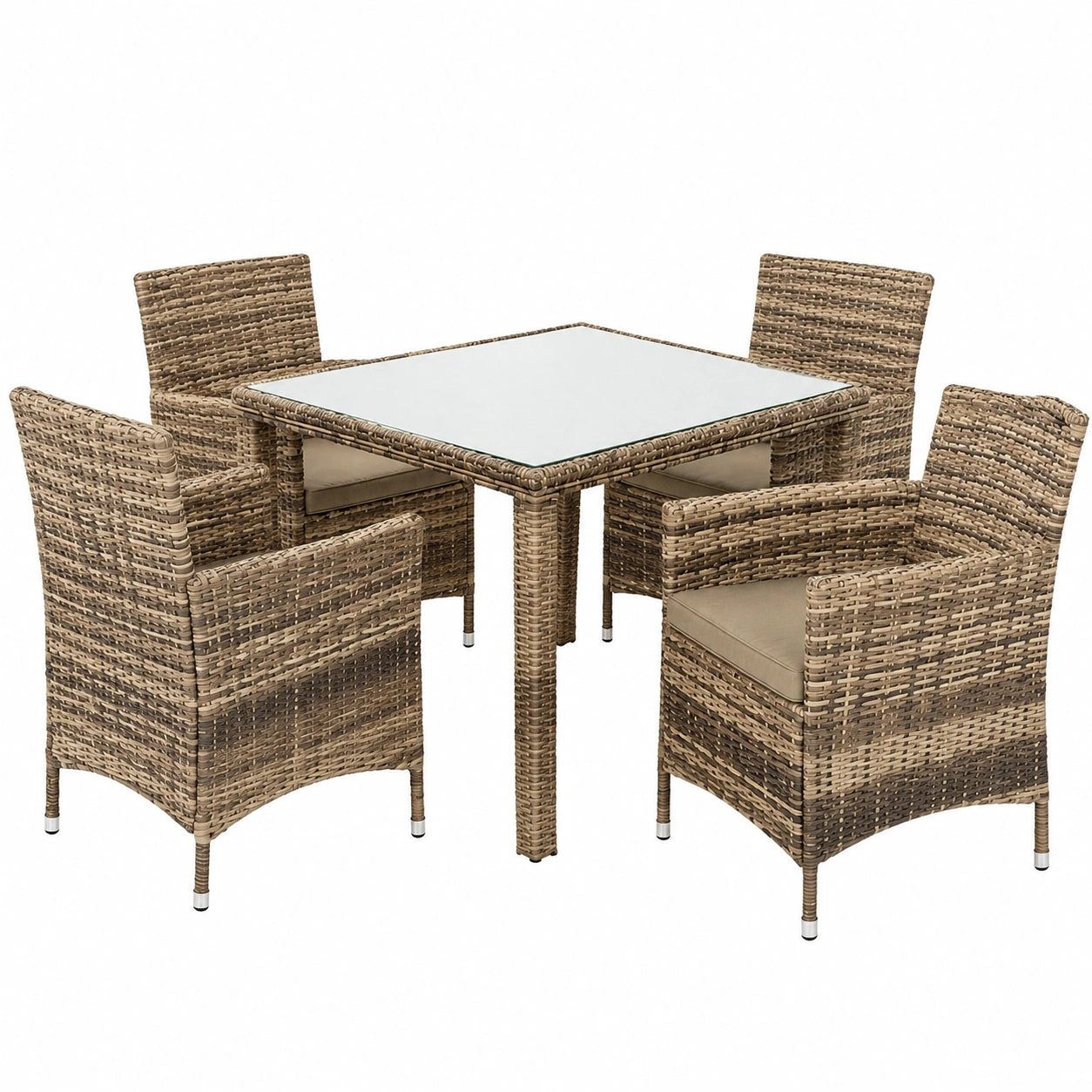 Polyrattan Gartenmöbel Set für 4 Personen mit Glastisch - Beige/Braun