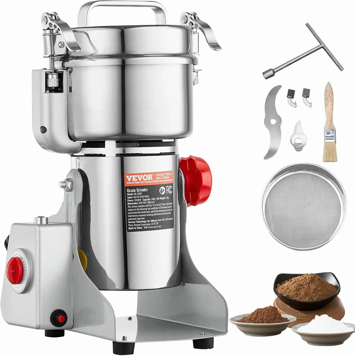 VEVOR Getreidemühle 2000 W 36 cm mit Schwenkfunktion und Edelstahl Silber