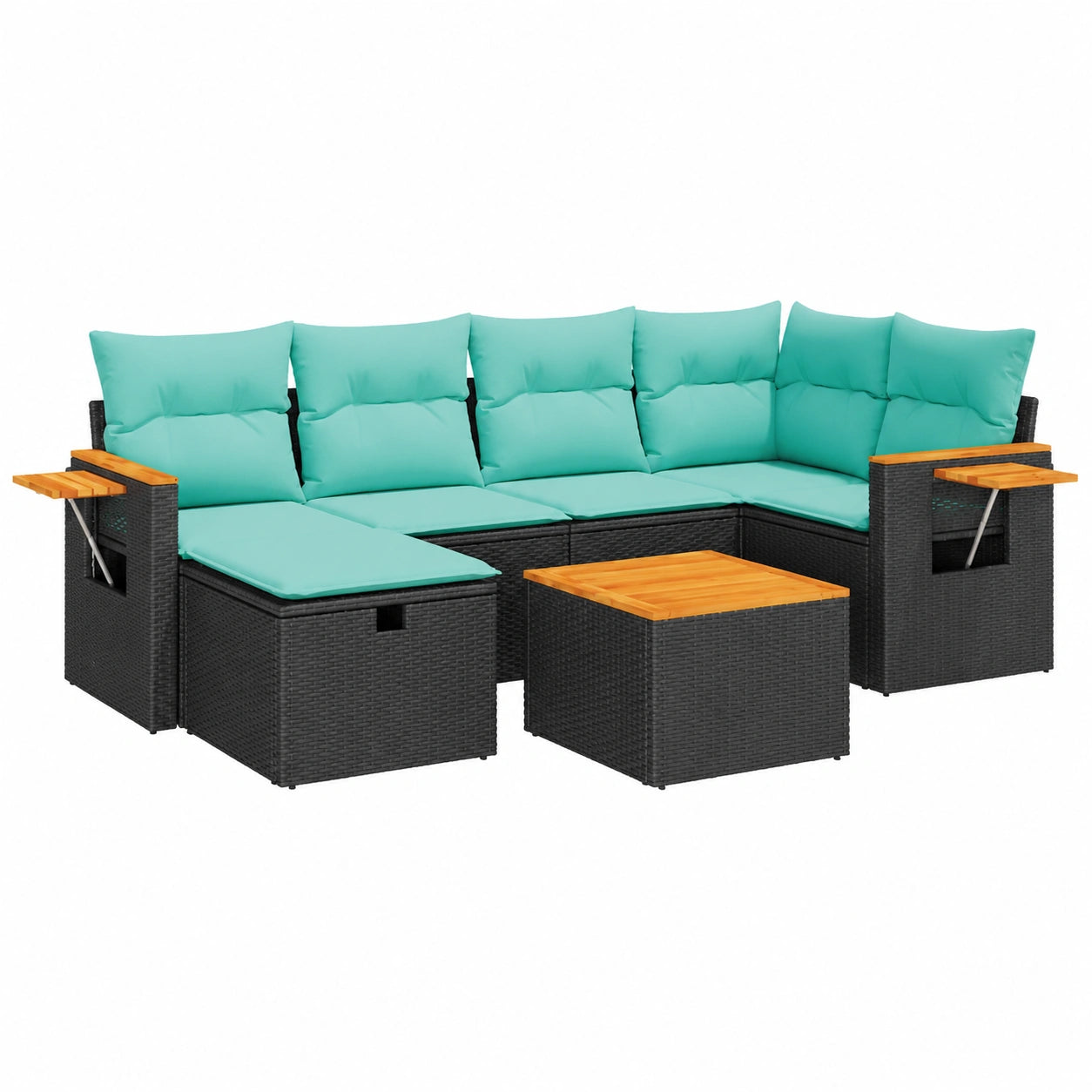 7-teilige Poly Rattan Gartenmöbel-Set Schwarz, Terrassen-Garnitur mit Kissen und Stauraum, Wetterfeste Möbel für Garten, Balkon