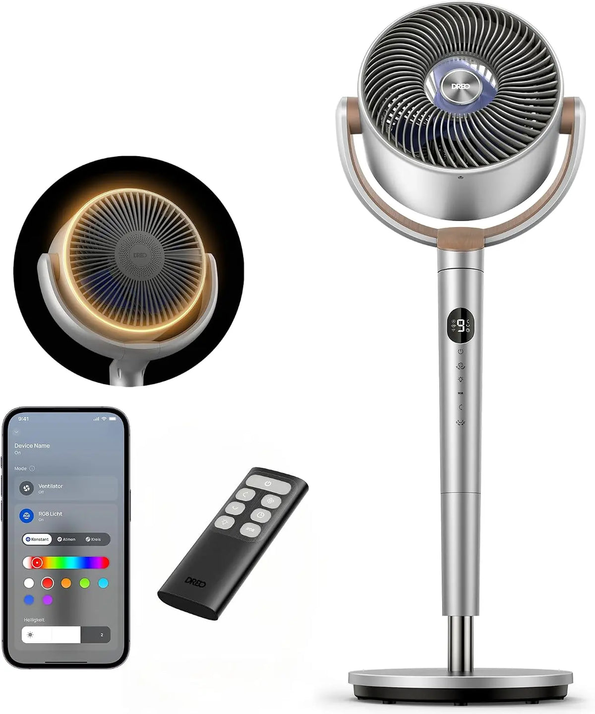 DREO Ventilator 20dB mit Fernbedienung und Timer Silber