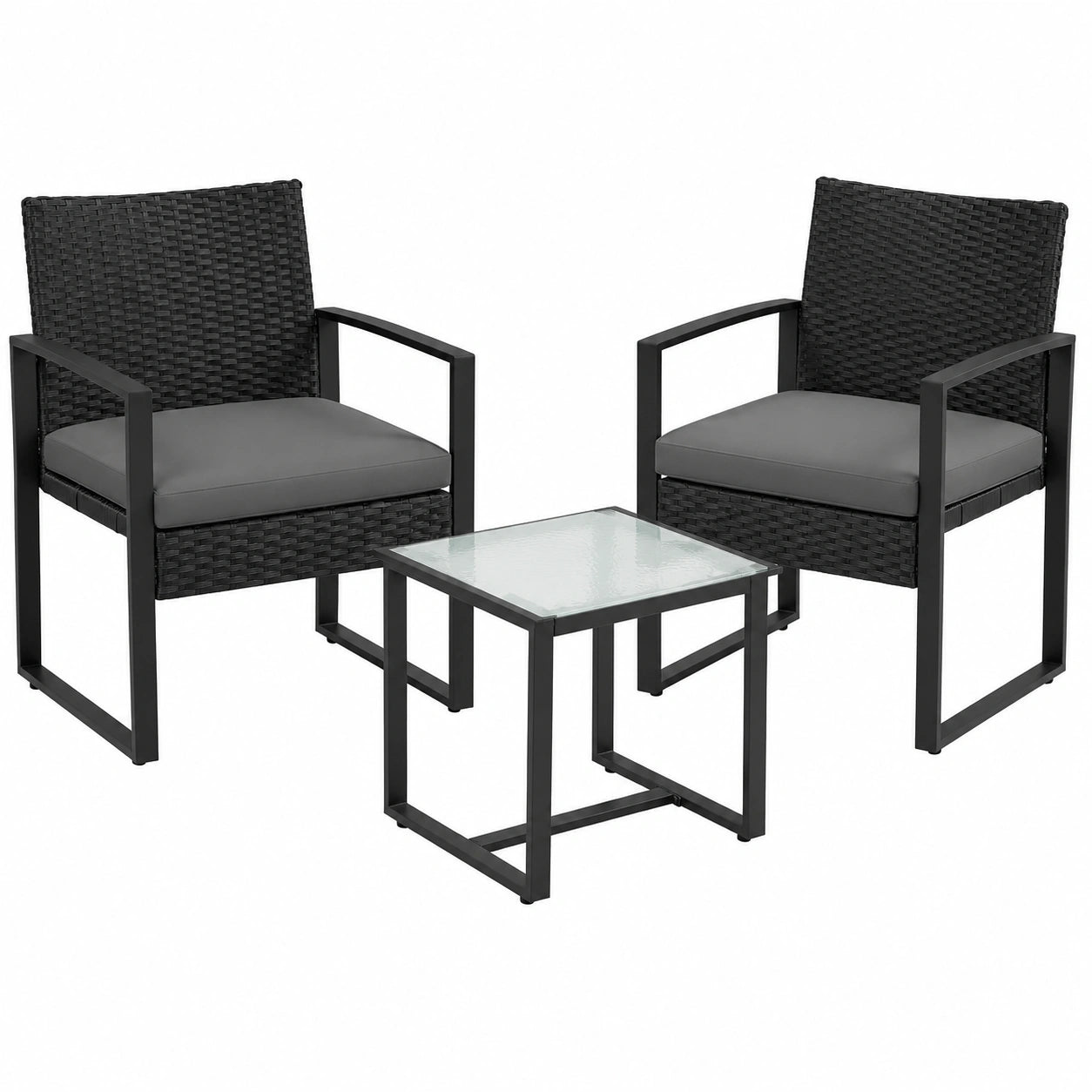 SONGMICS 3-teiliges Gartenmöbel-Set aus Polyrattan, Tisch und Stühle, wetterfest, für Terrasse und Balkon, schwarz-grau