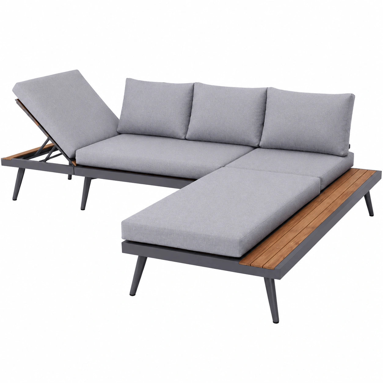 ALEOS. Gartenlounge Set aus Aluminium und Teakholz, Multifunktions-Sitzgruppe, Doppel-Liegesofagarnitur, Barbados Anthrazit mit Spunpoly-Kissen