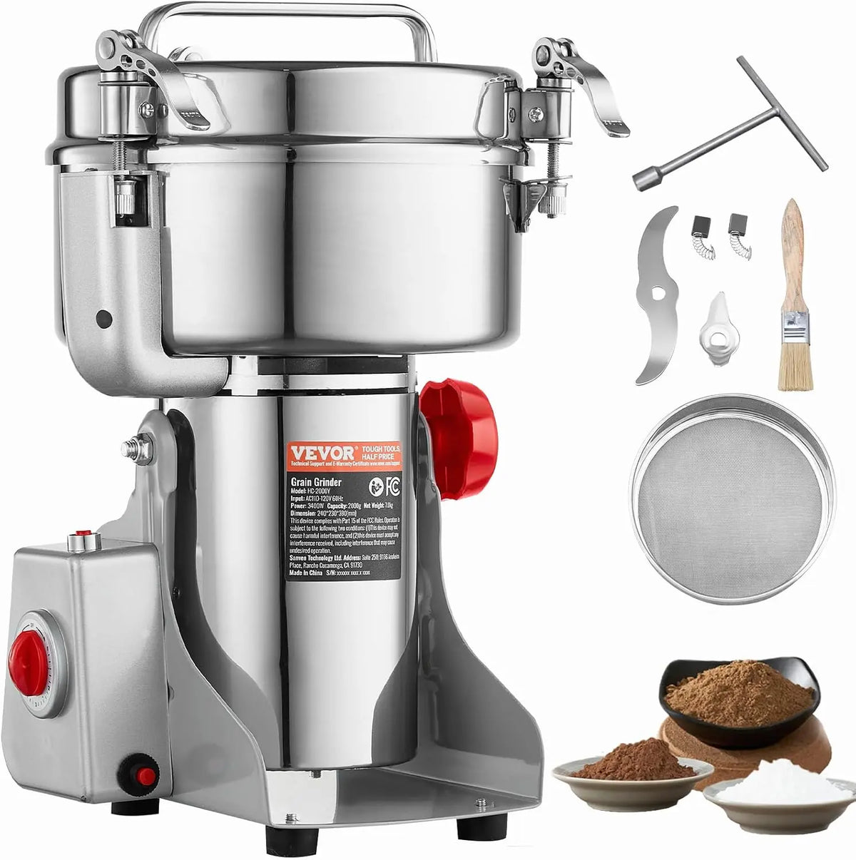 VEVOR Getreidemühle 3400 W 38 cm mit Schwenkfunktion und Edelstahl Silber