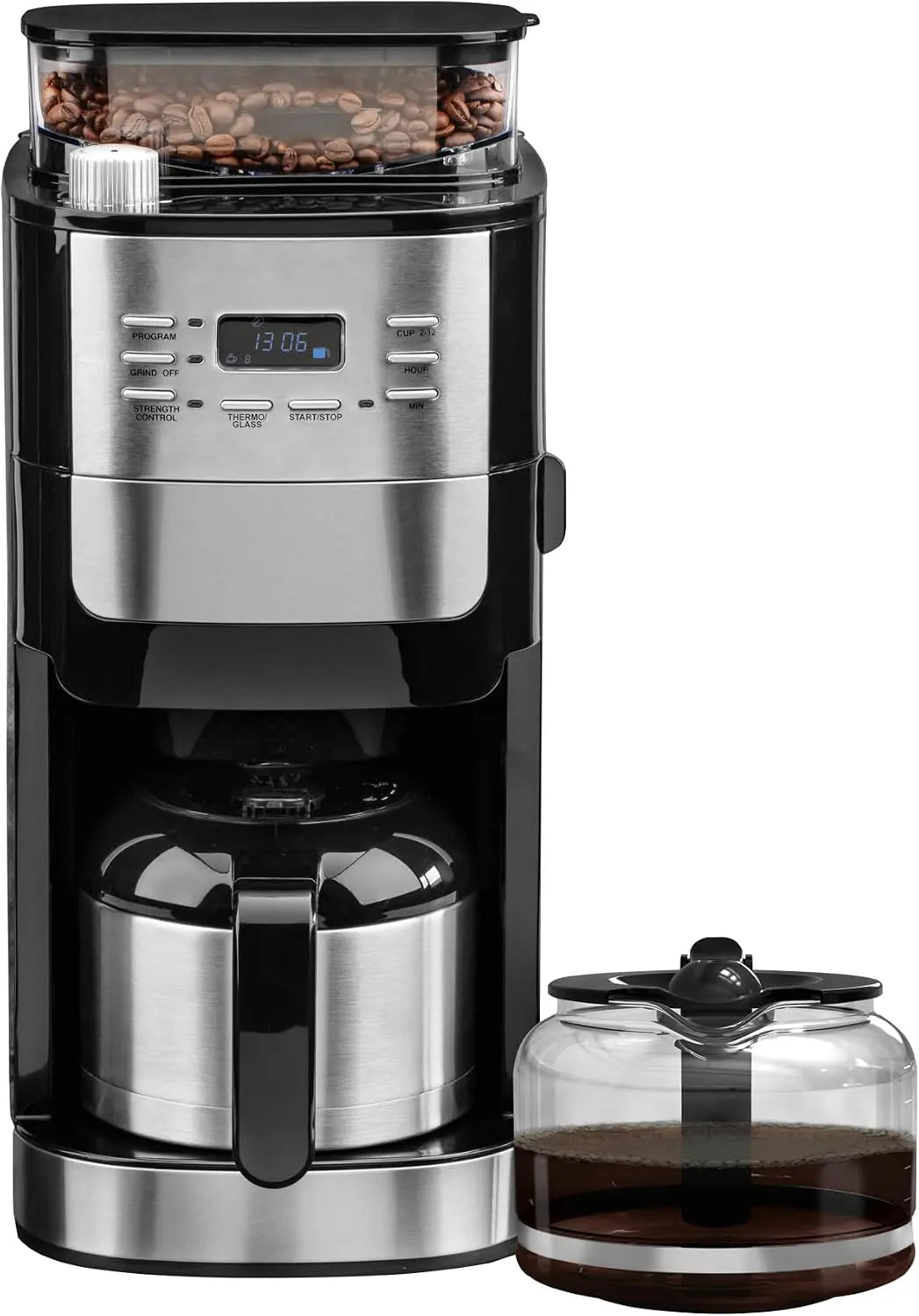 Kaffeemaschine 1050W 2 in 1 mit Timer und Edelstahl Silber