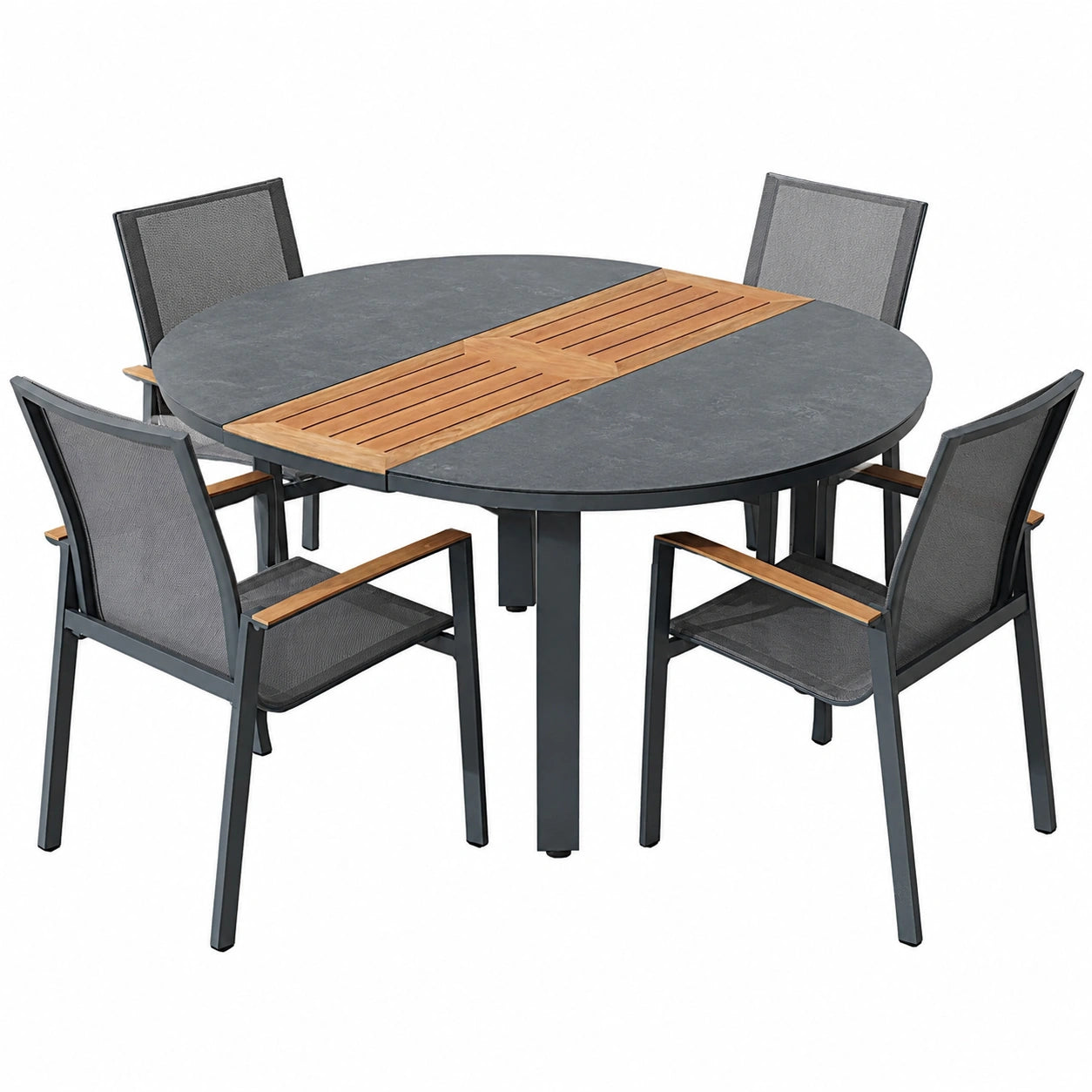 ALEOS. Gartenset aus Aluminium und Teak mit rundem Ausziehtisch (120-160 cm) und 4 stapelbaren Stühlen in Anthrazit