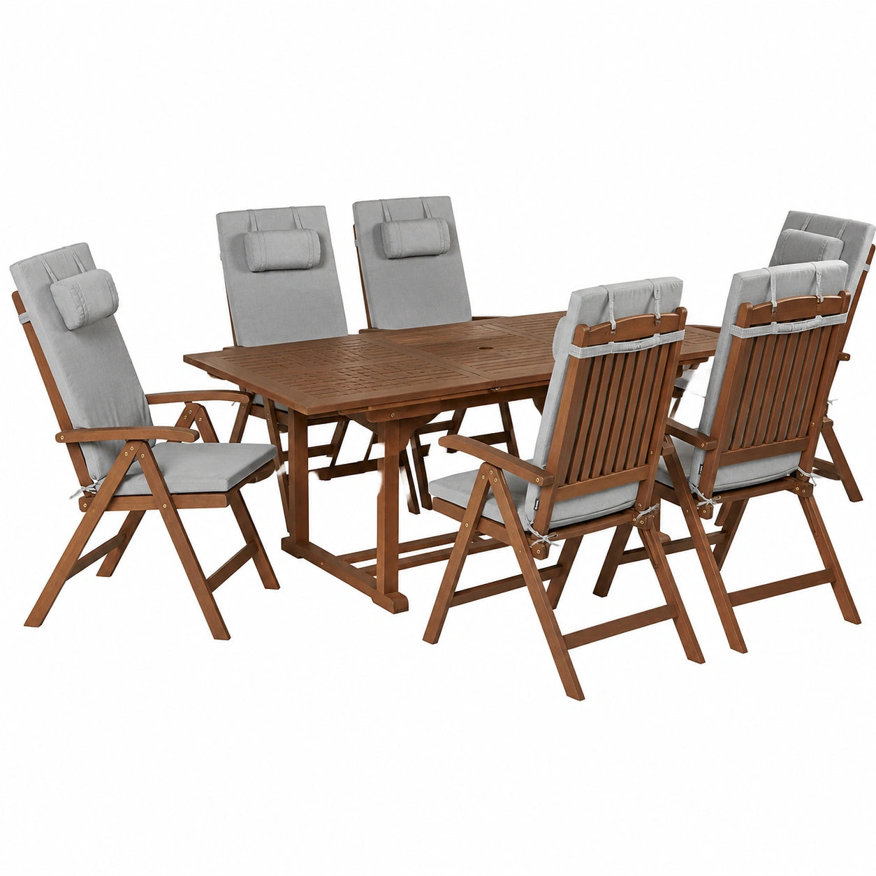 Hochwertiges Gartenmöbel-Set aus Holz mit Ausziehtisch und 6 Stühlen, Dunkelbraun mit grauen Auflagen
