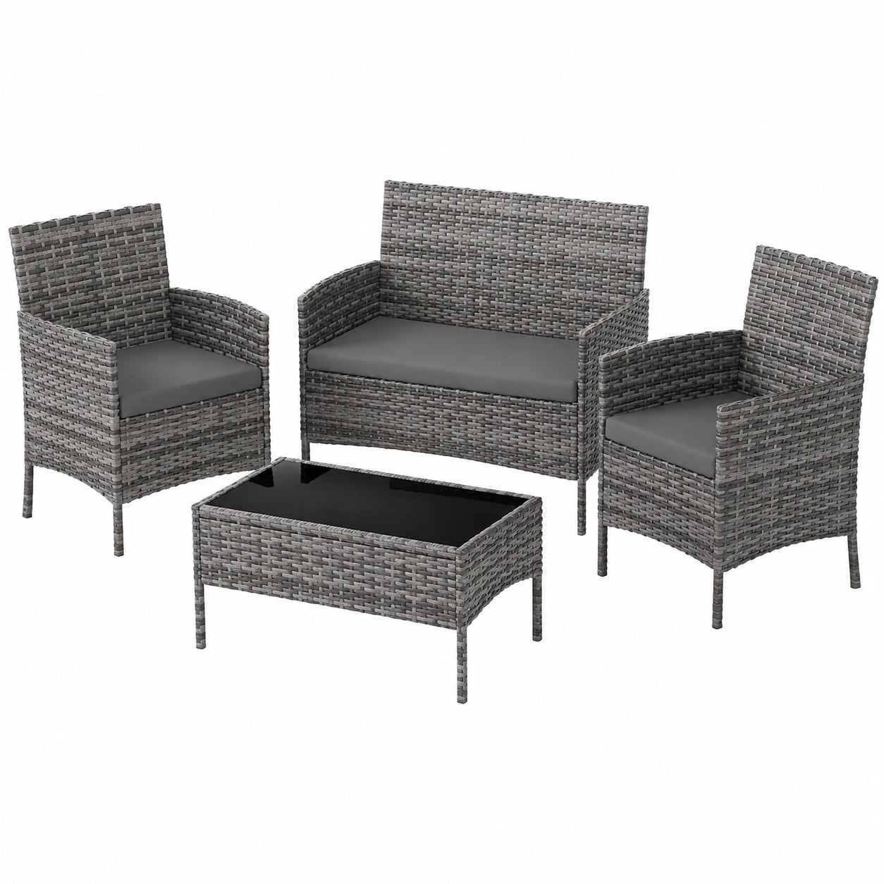 UDPATIO 4-Personen Polyrattan Gartenset mit Sofa, Stühlen und Tisch, Inklusive Kissen, Balkon- und Terrassenmöbel, Grau-Dunkelgrau