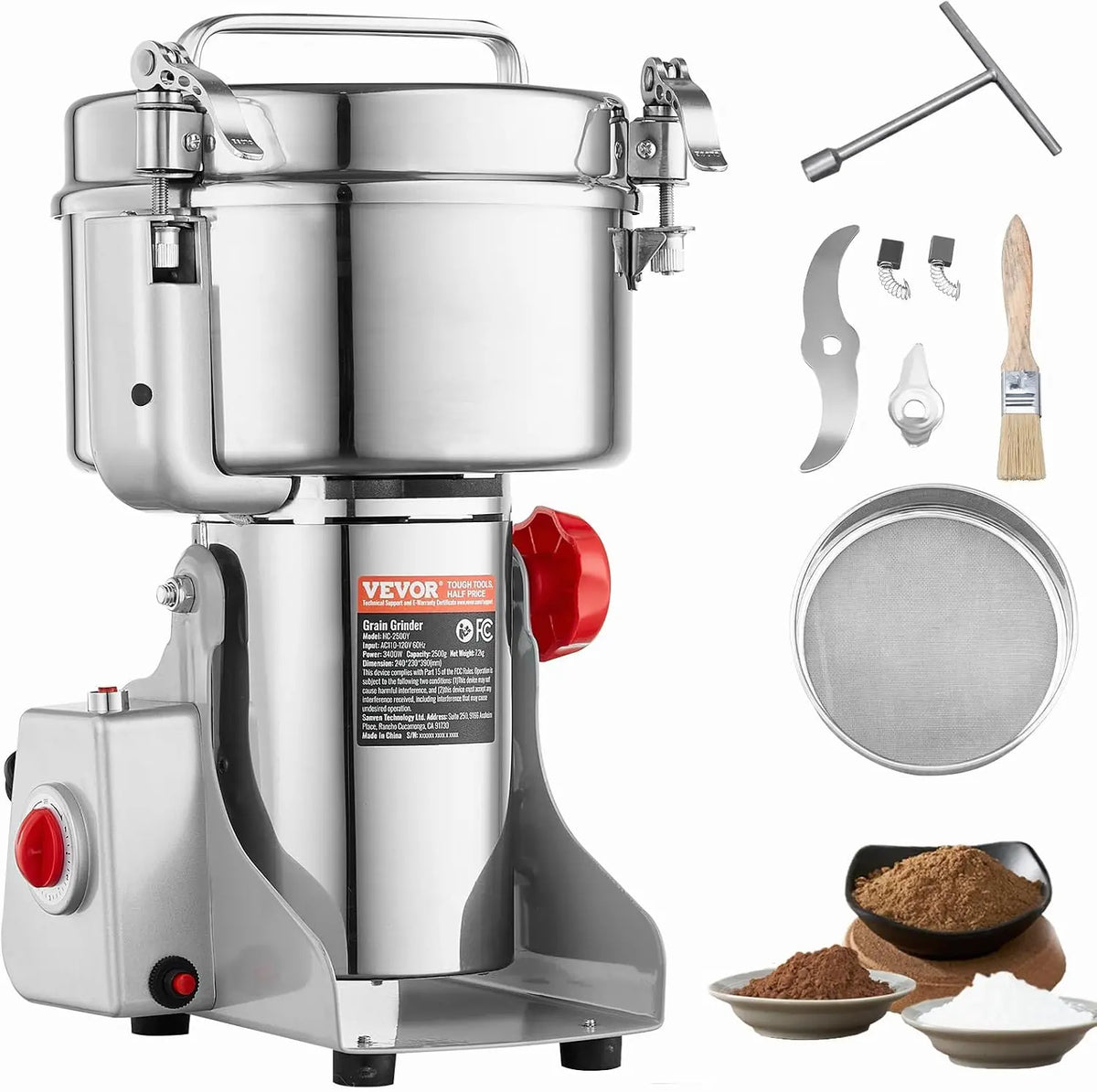 VEVOR Getreidemühle 3400 W 39 cm mit Schwenkfunktion und Edelstahl Silber