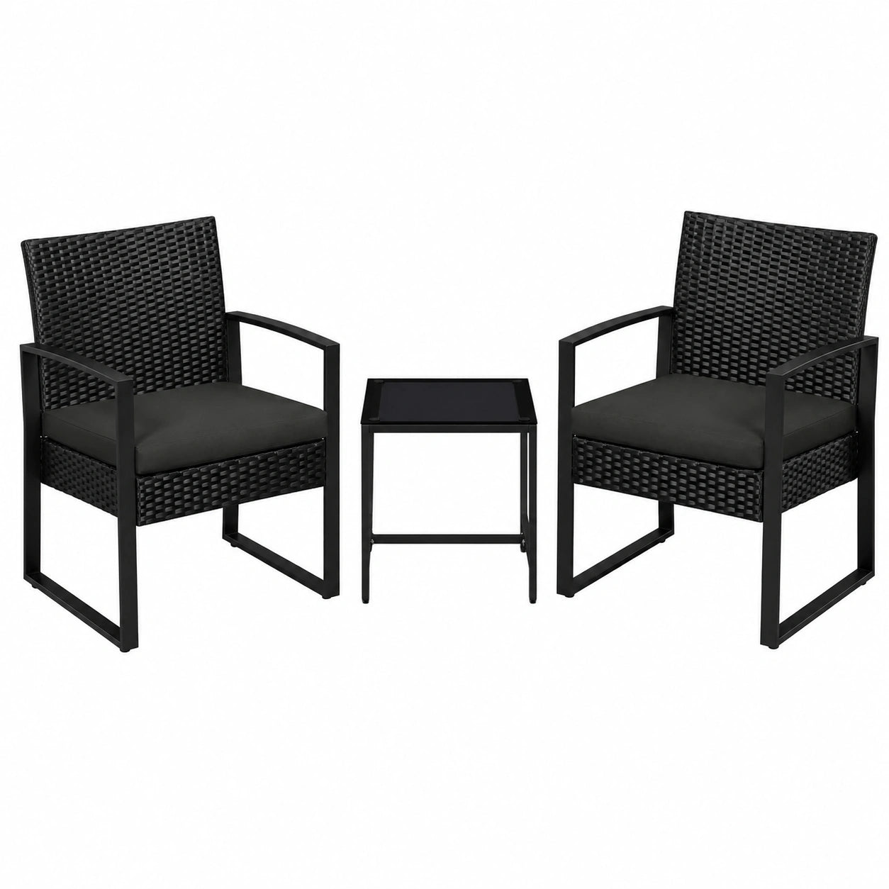 Hochwertiges 3-teiliges Polyrattan Balkonset mit Sitzkissen und Glastisch