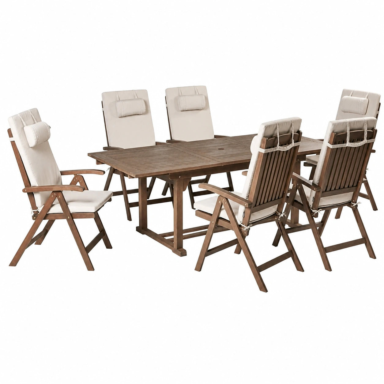 Gartenmöbel-Set Holz Dunkelbraun mit Ausziehtisch und 6 Stühlen - Hellbeige Auflagen