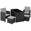 Garten-Lounge Set aus Poly-Rattan, 5-teilig mit Tisch, Sesseln und Hockern, Essgruppe für 4 Personen, inkl. Polster - Schwarz/Grau