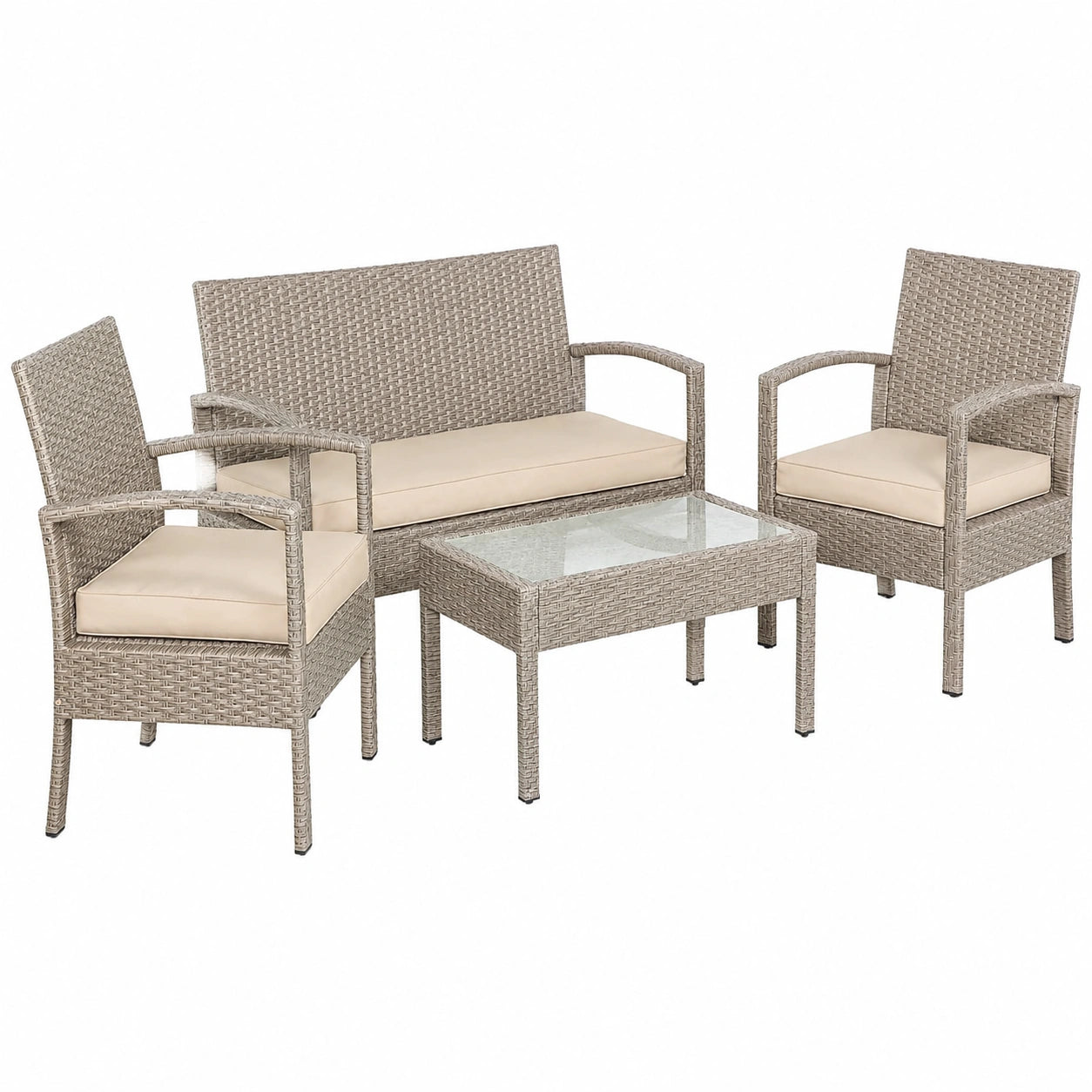 Hochwertiges Polyrattan Gartenmöbel-Set für 4 Personen mit Kissen, wetterfest, creme