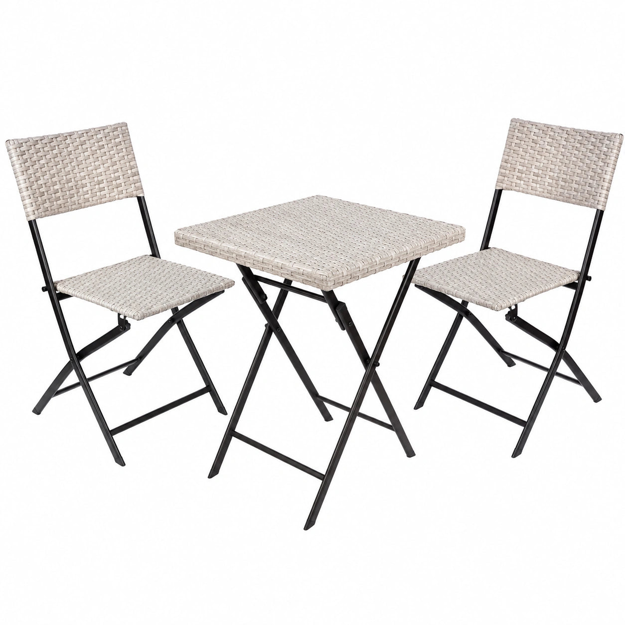 BRUBAKER Rattan-Balkonset mit Tisch und 2 Klappstühlen - Wetterfeste und platzsparende Gartenmöbel - Ideal für Balkon und Terrasse - Grau/Beige