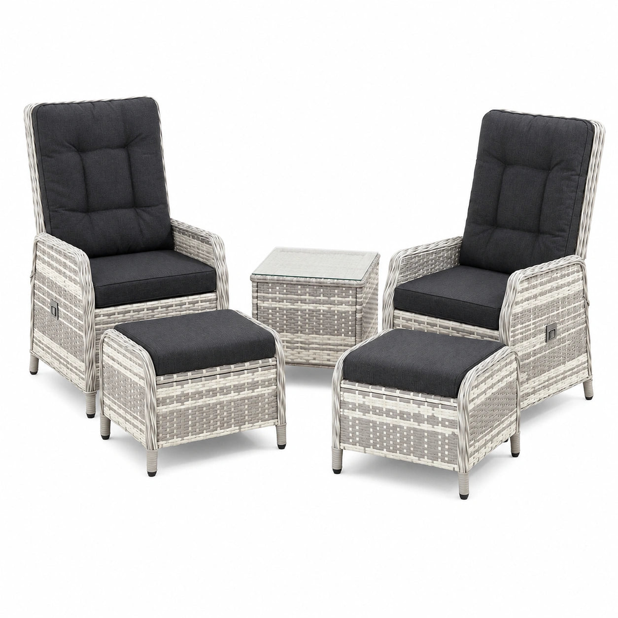 Rattan Gartenmöbel-Set: 2 Stühle, 2 Hocker & Tisch mit verstellbaren Lehnen, Schwarz