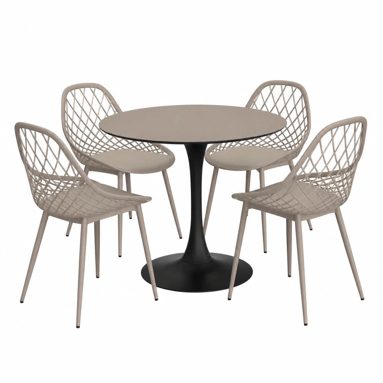 Gartenmöbel-Set wetterfest für Balkon und Terrasse mit rundem Tisch (Ø 80 cm) und 4 grauen Stühlen