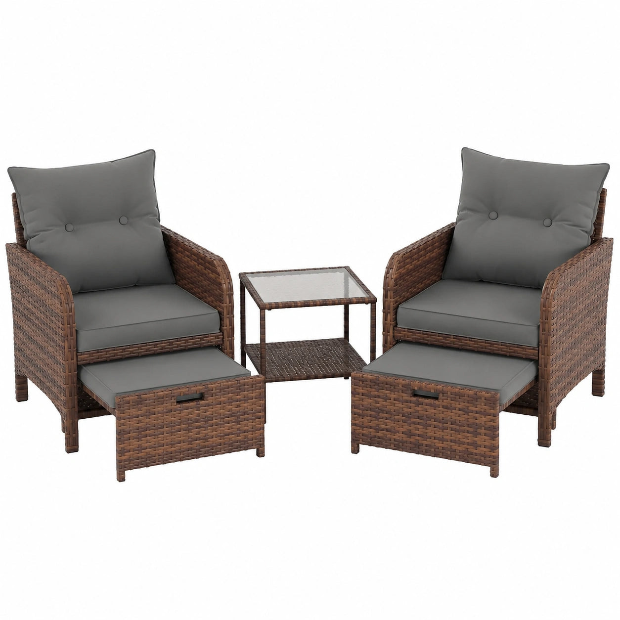 Modernes Rattan Möbelset für Balkon und Terrasse, 5-teilig, mit gepolsterten Sesseln und Tisch, wetterfest, Braun/Schwarz