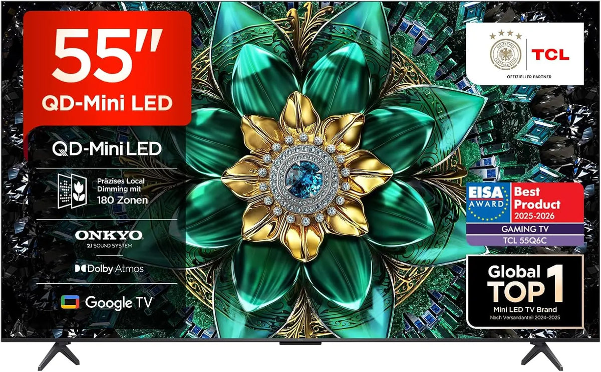 TCL 55Q6C 55 Zoll QD-Mini LED Fernseher, 4K HDR Premium 1000nits, Smart TV mit Google TV (Dolby Vision IQ & Atmos, Onkyo 2.1 Sound System, 144Hz...