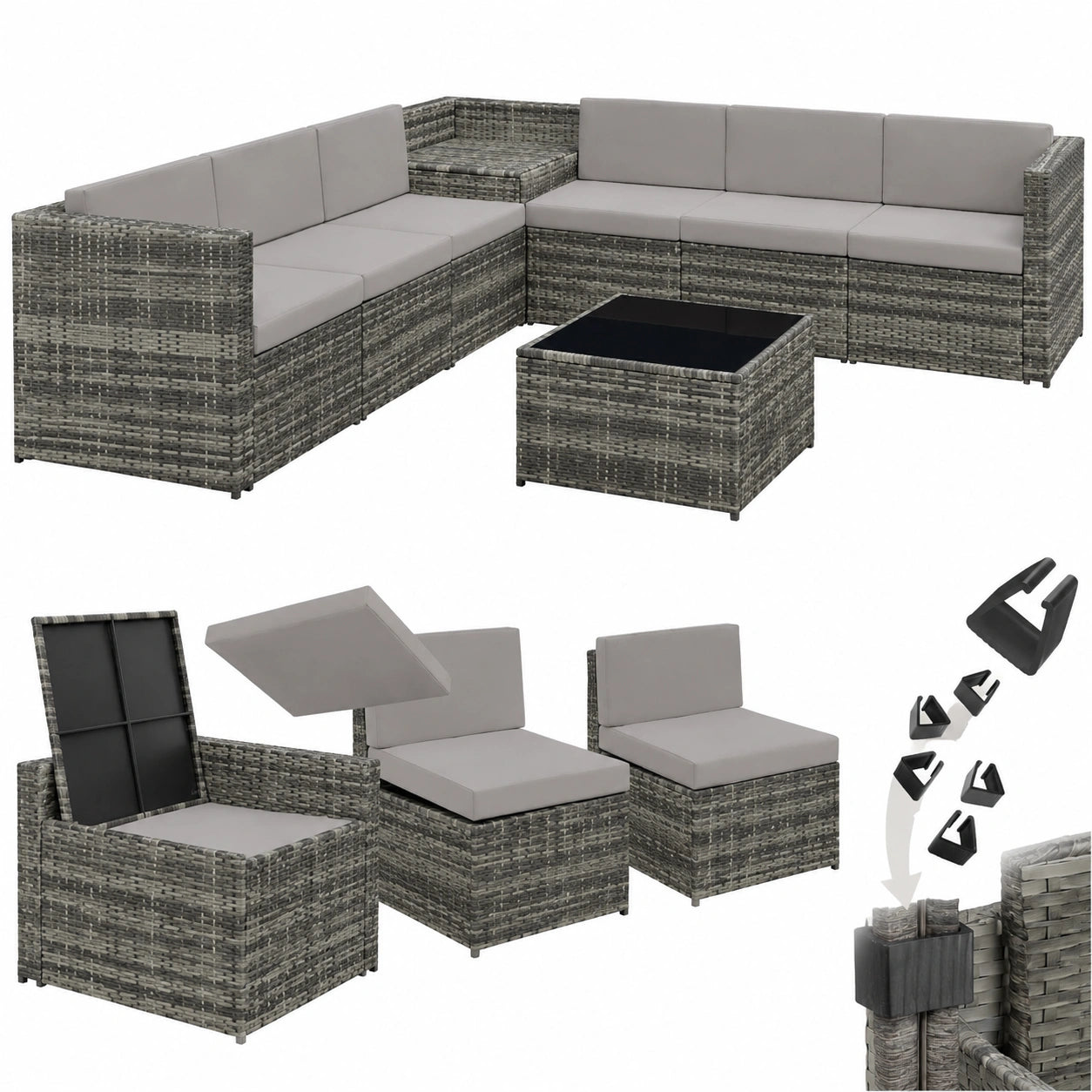 Modulares Polyrattan Gartenmöbel-Set mit Aufbewahrungsbox und Kissen - Grau