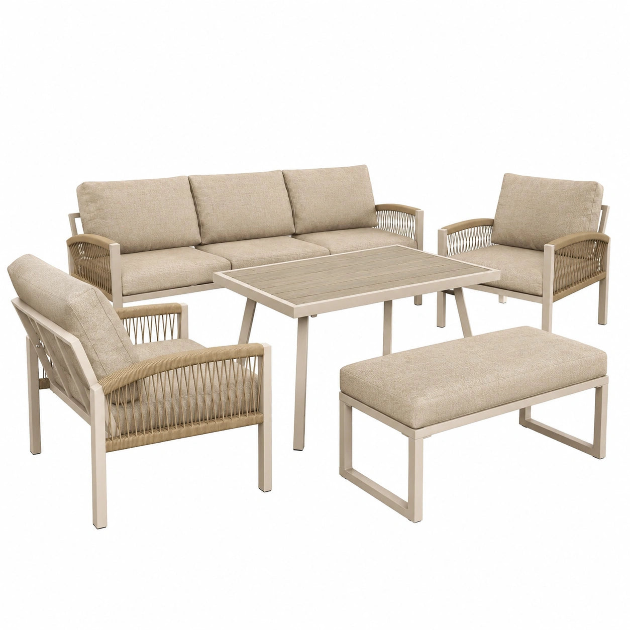 7-Personen Gartenmöbel-Set, wetterfest mit Armlehnen und robustem Eisengestell, inkl. Tisch in Holzoptik und 2 Sessel, beige Polster