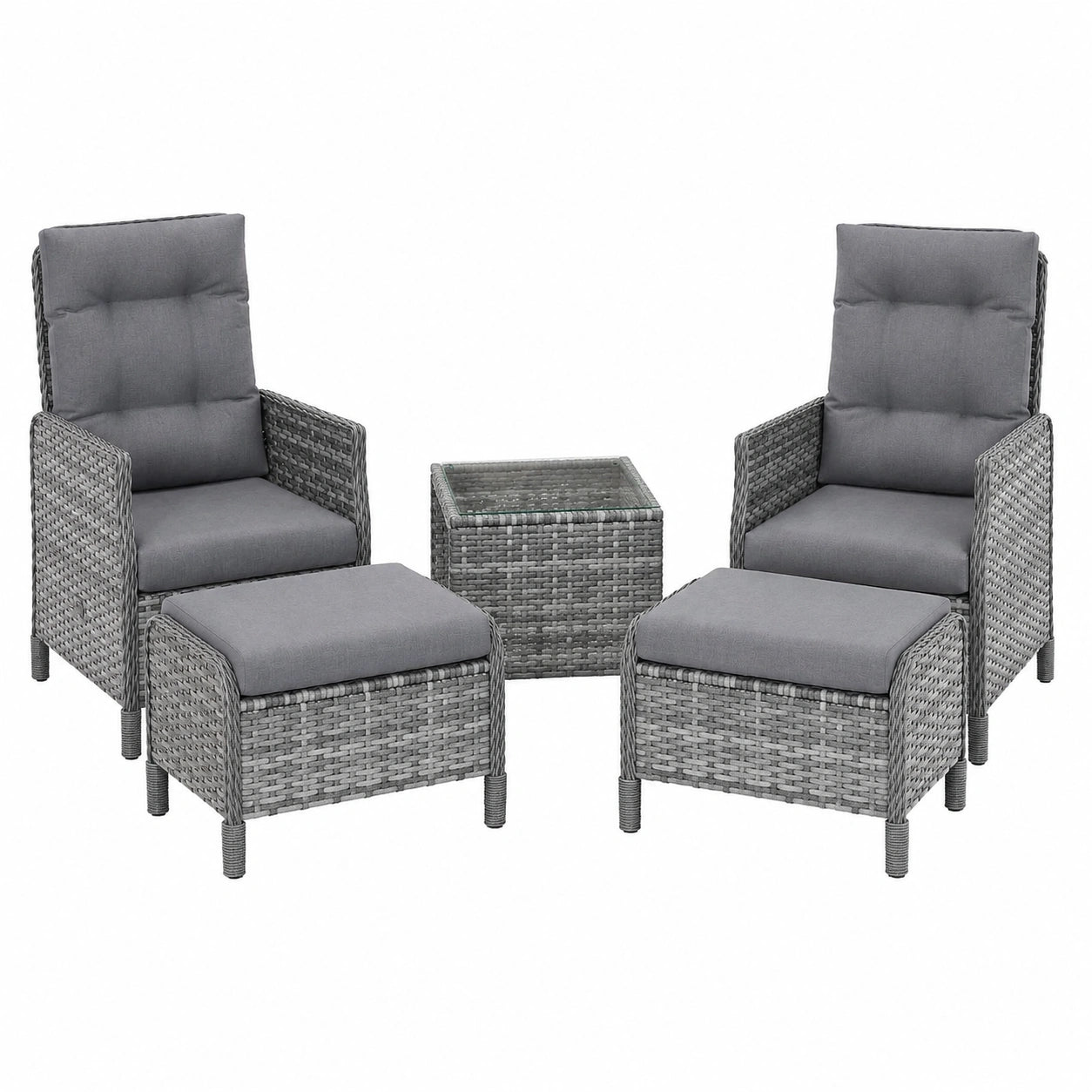 Amopatio Rattan-Gartenmöbel-Set: Verstellbare Sessel, Hocker & Glastisch, Wetterfest mit Kissen, Für Garten, Terrasse & Balkon, Grau-Meliert