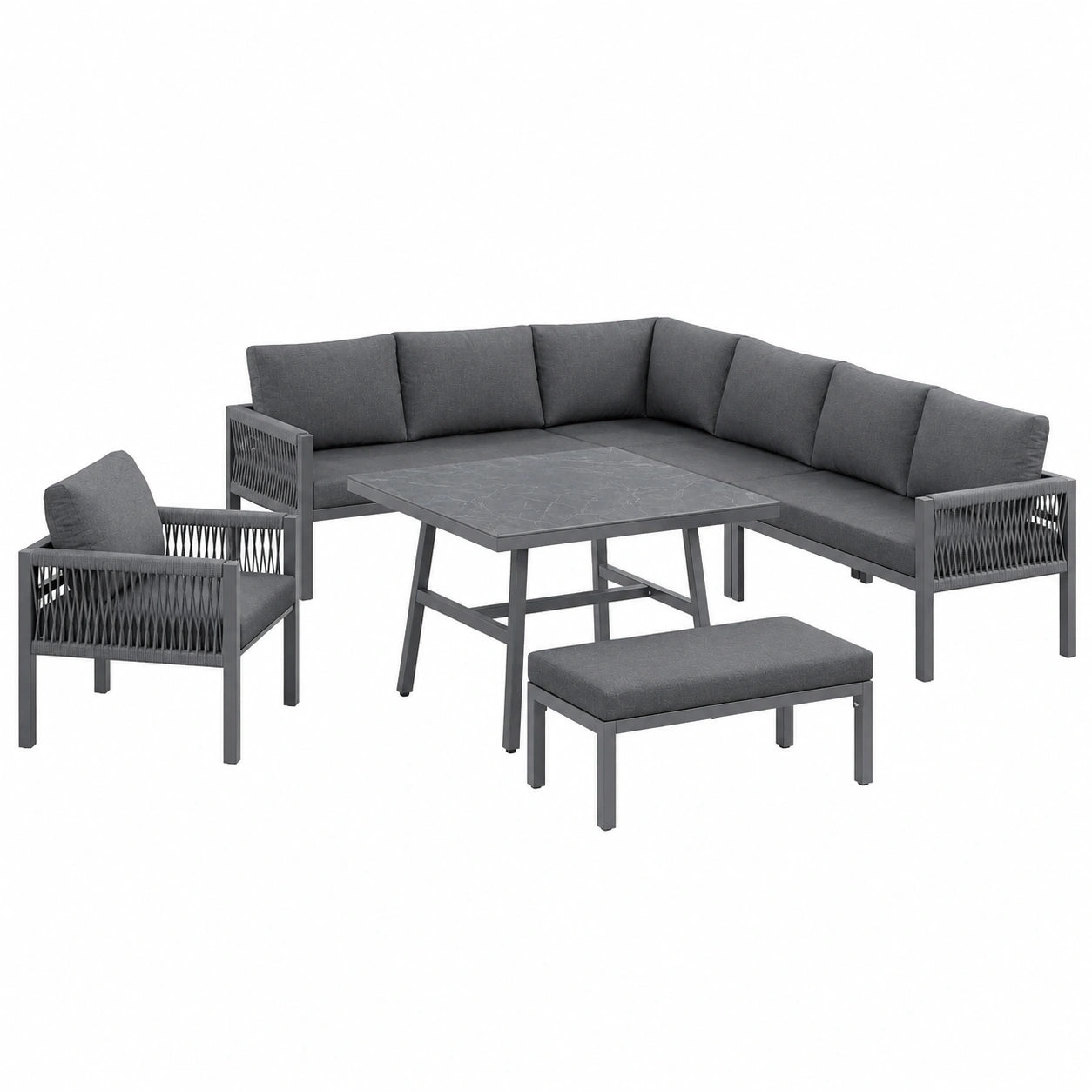 Hochwertiges Garten-Sofa Set für 8 Personen, L-Form mit langlebigem Eisenrahmen, elegante Marmor-Glasplatte, wetterfeste Polsterung in Grau