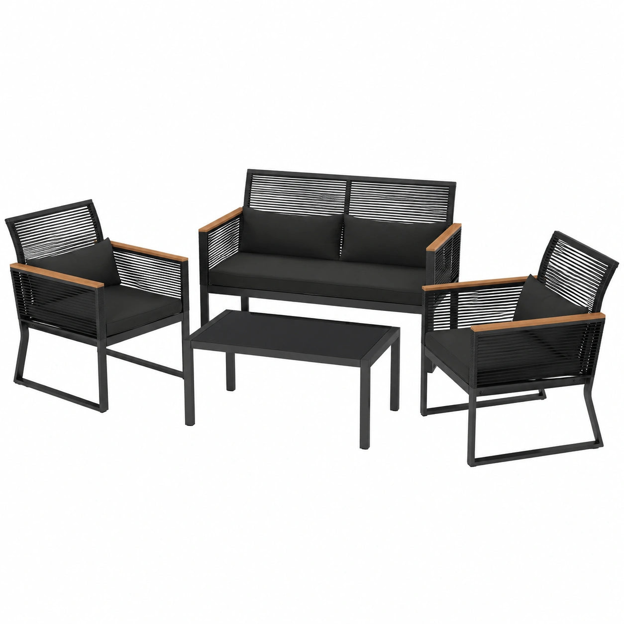 Hochwertiges 4-teiliges Rattan-Gartenmöbel-Set für Terrasse und Balkon, inkl. Beistelltisch und Kissen, für 4 Personen, in Schwarz