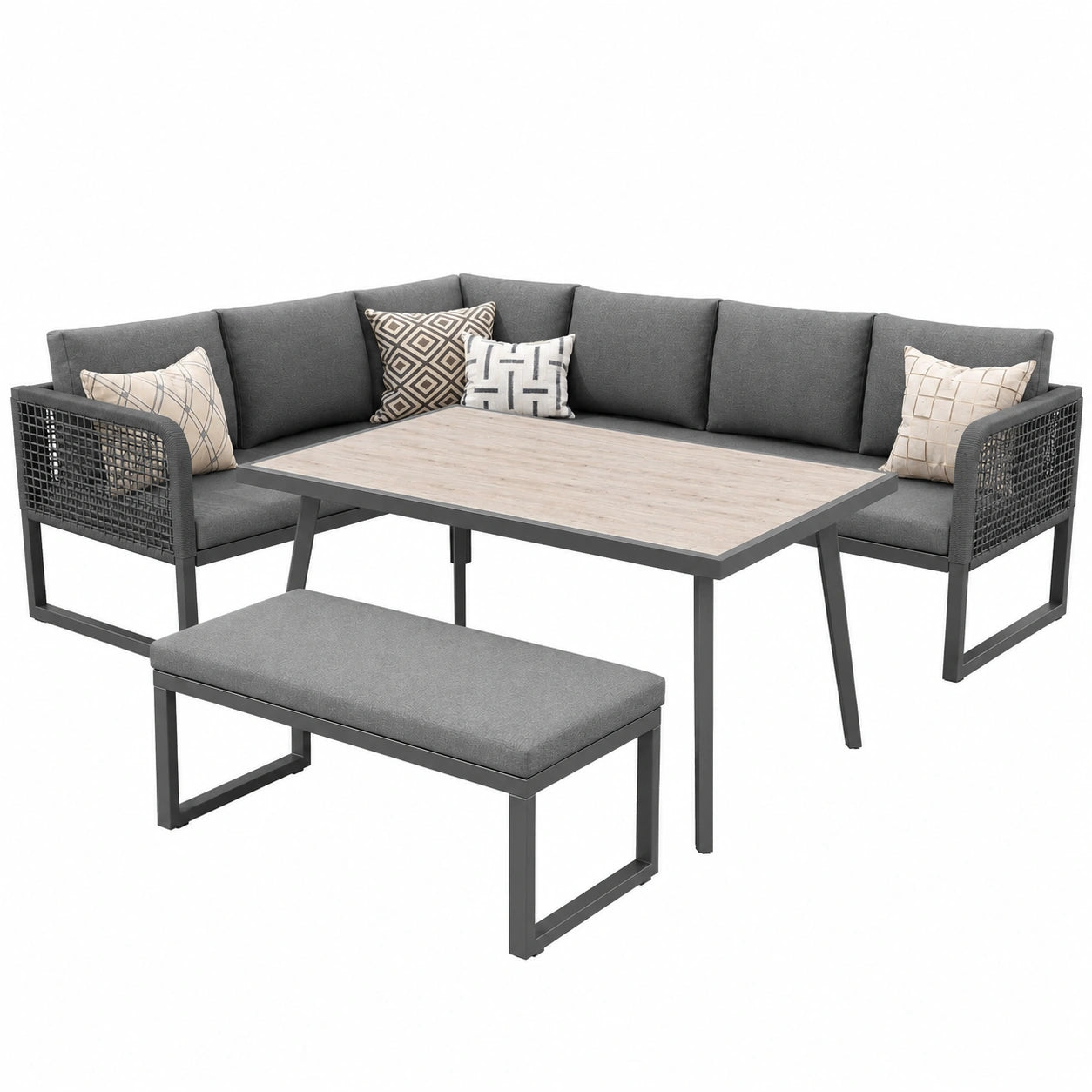 Hochwertiges Gartenmöbelset aus PE-Rattan für 6-8 Personen, inklusive Kissen, Wetterfeste Loungegruppe in Grau