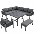 BTM Garten-Sofa Set L-Form für 8 Personen, robuster Rahmen, graue Polster, Tisch mit Marmor-Glasplatte und 2 Sessel, wetterfest