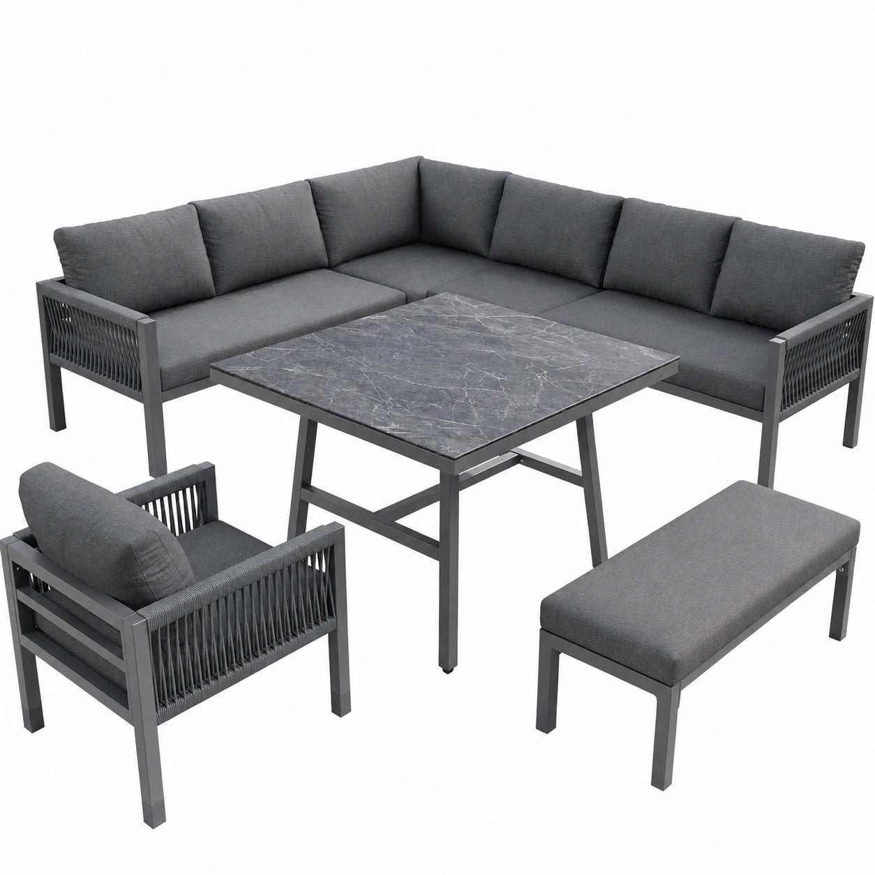 BTM Garten-Sofa Set L-Form für 8 Personen, robuster Rahmen, graue Polster, Tisch mit Marmor-Glasplatte und 2 Sessel, wetterfest